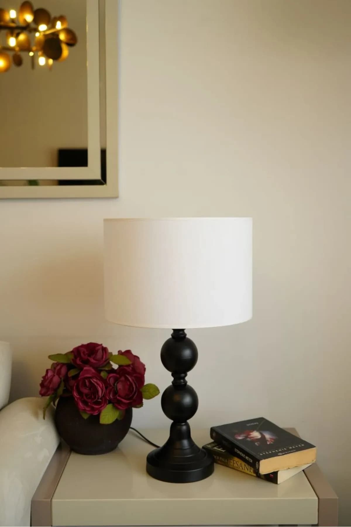 Siyah Dejavu Silindir Bal Kumaşlı Masa Lambası Abajur Salon Yatak Odası