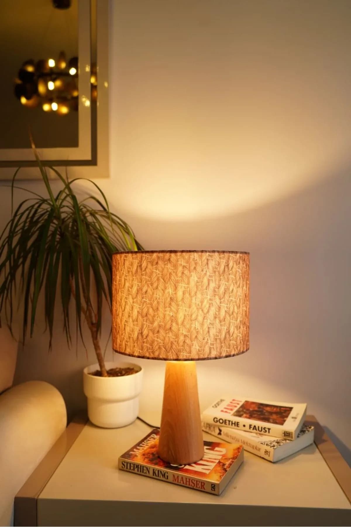 Ahşap Ayaklı Home Detaylı Silindir Masa Lambası Dekoratif Abajur Salon Yatak Odası