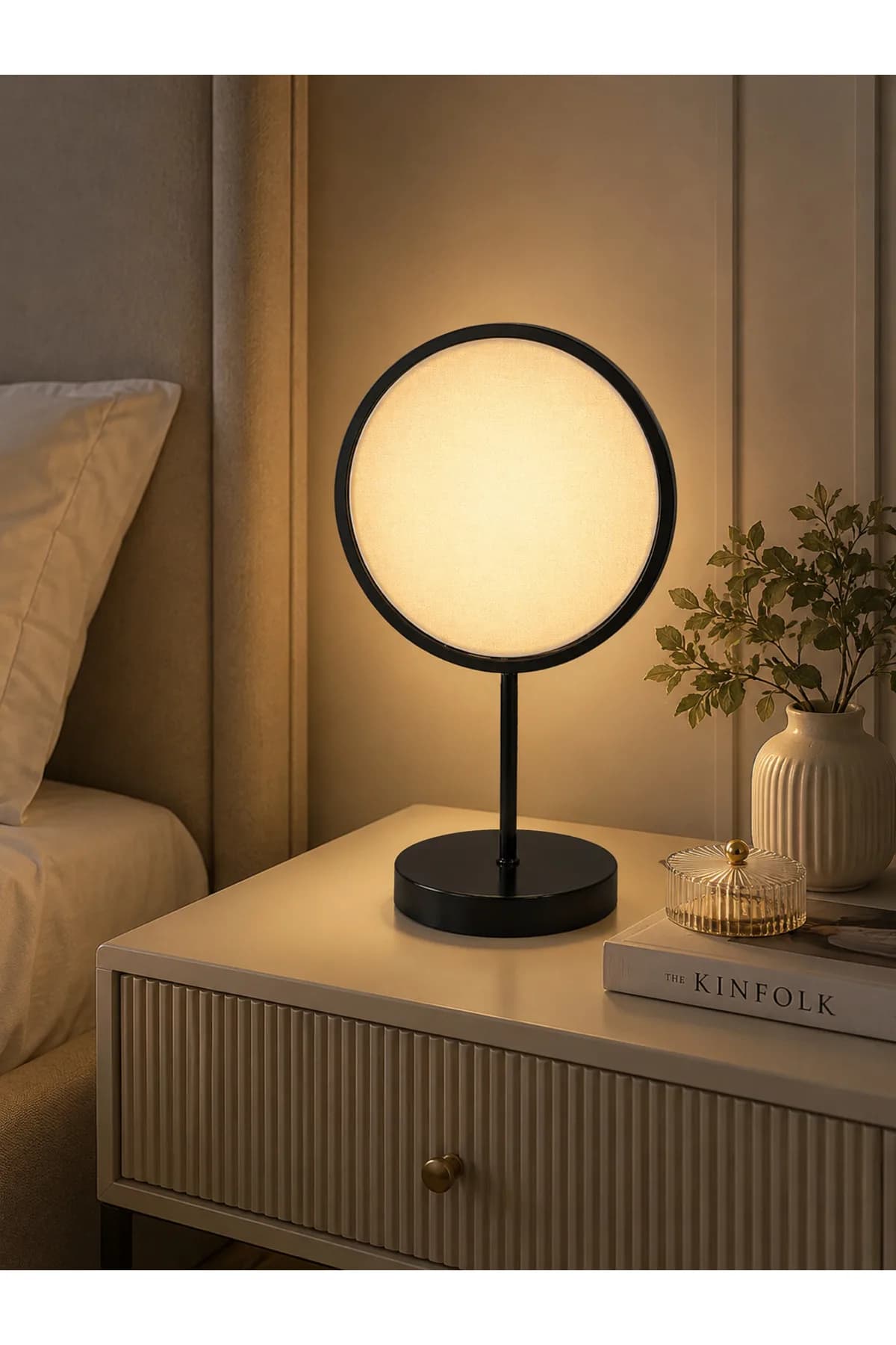 Abajur Kumaşlı Çember Ledli Elektrikli Masa Lambası Salon Yatak Odası Özel Şık Proje