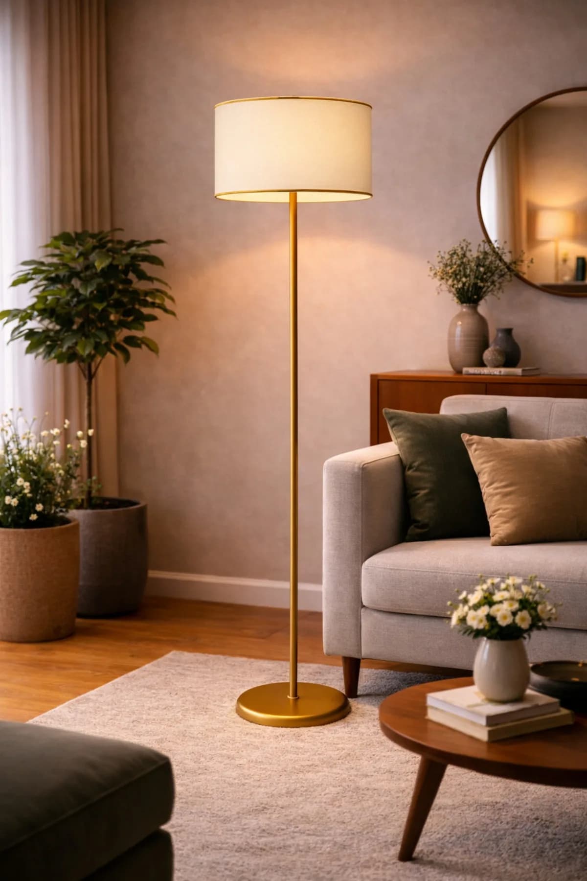 Eskitme Model Silindir Gold Detaylı Siyah Kumaş Şapkalı Lambader Dekoratif Yatak Odası Salon