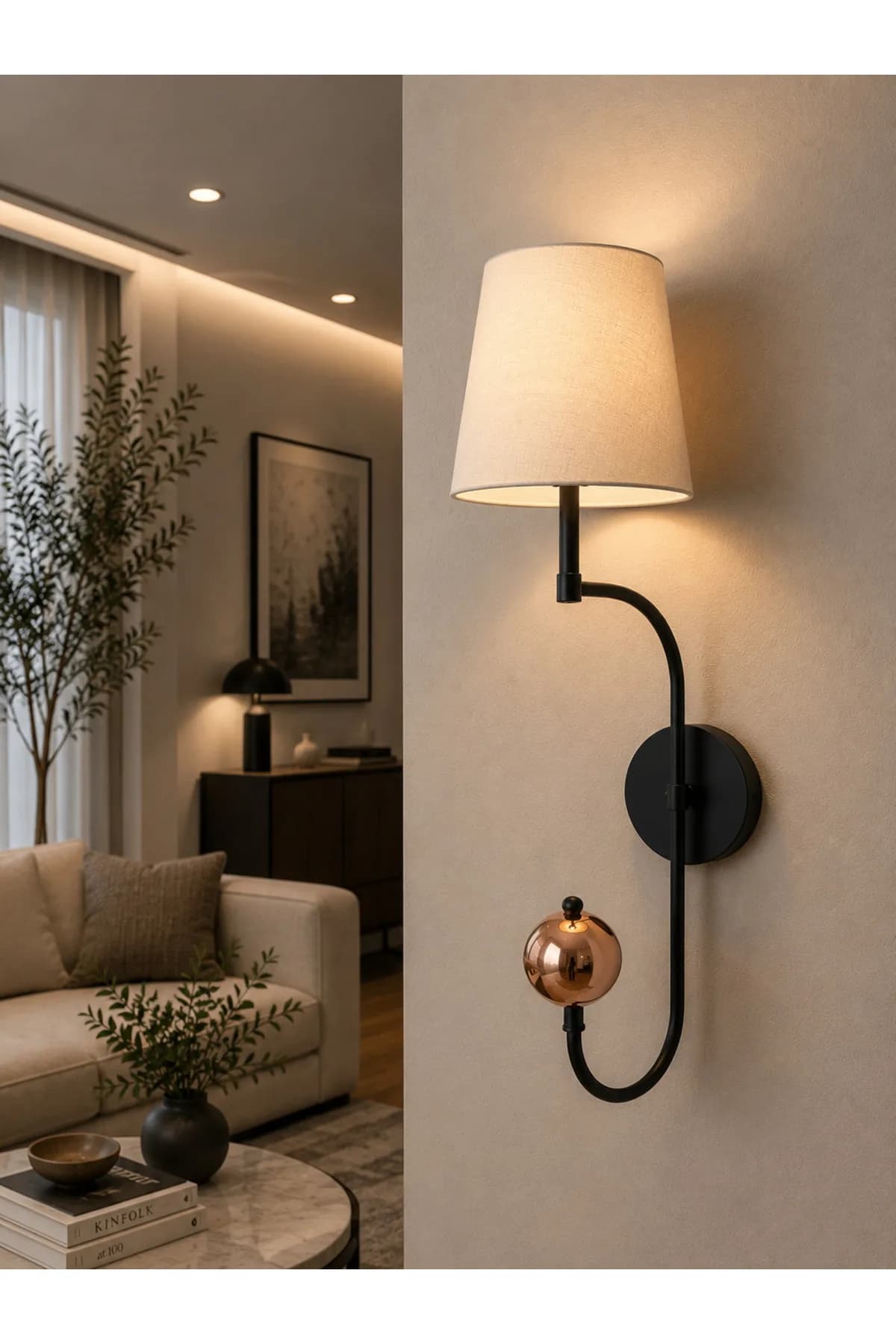 Liva Model Top Detaylı Siyah Pilli Tak Çalıştır Krem Konik Abajur Salon Yatak Odası Şık Proje