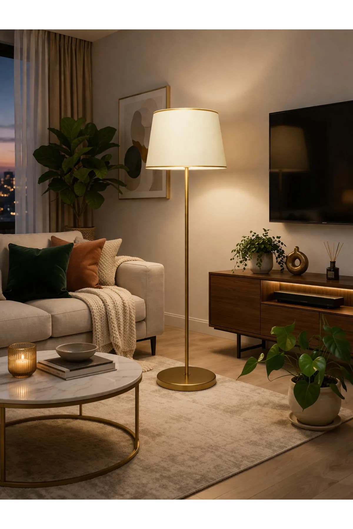 Eskitme Model Silindir Gold Detaylı Siyah Kumaş Şapkalı Lambader Dekoratif Yatak Odası Salon