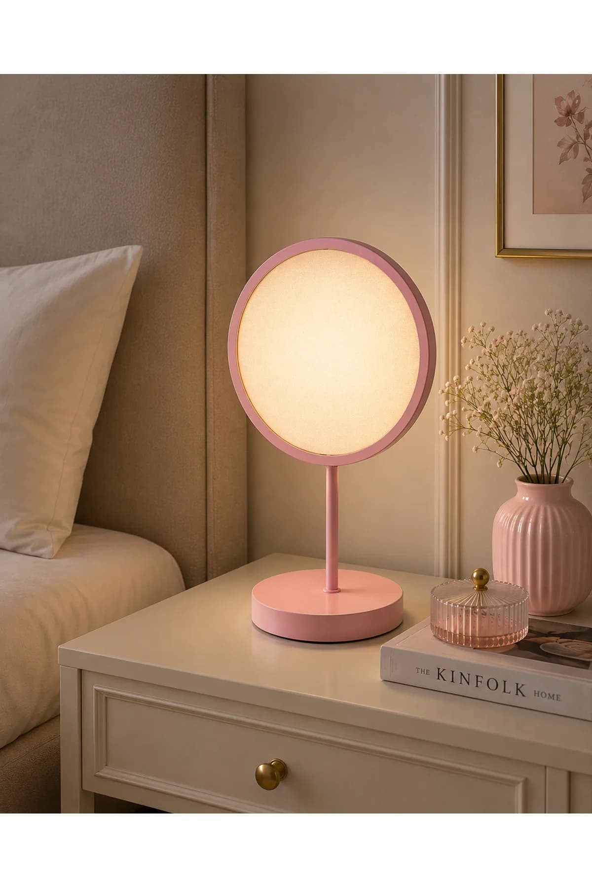 Abajur Kumaşlı Çember Ledli Elektrikli Masa Lambası Salon Yatak Odası Özel Şık Proje