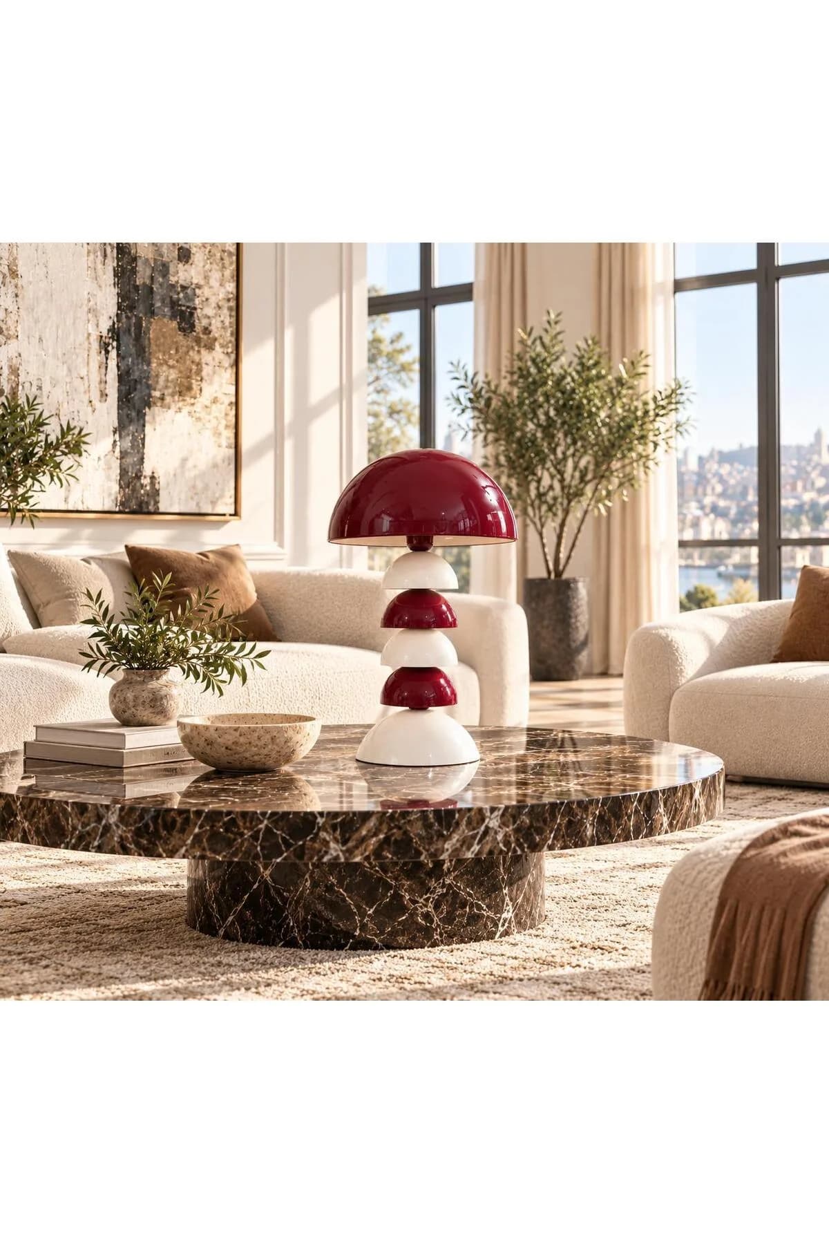 Pile Model Mantar Küreli Bordo Krem Detaylı Şık Masa Lambası Salon Yatak Odası Abajur
