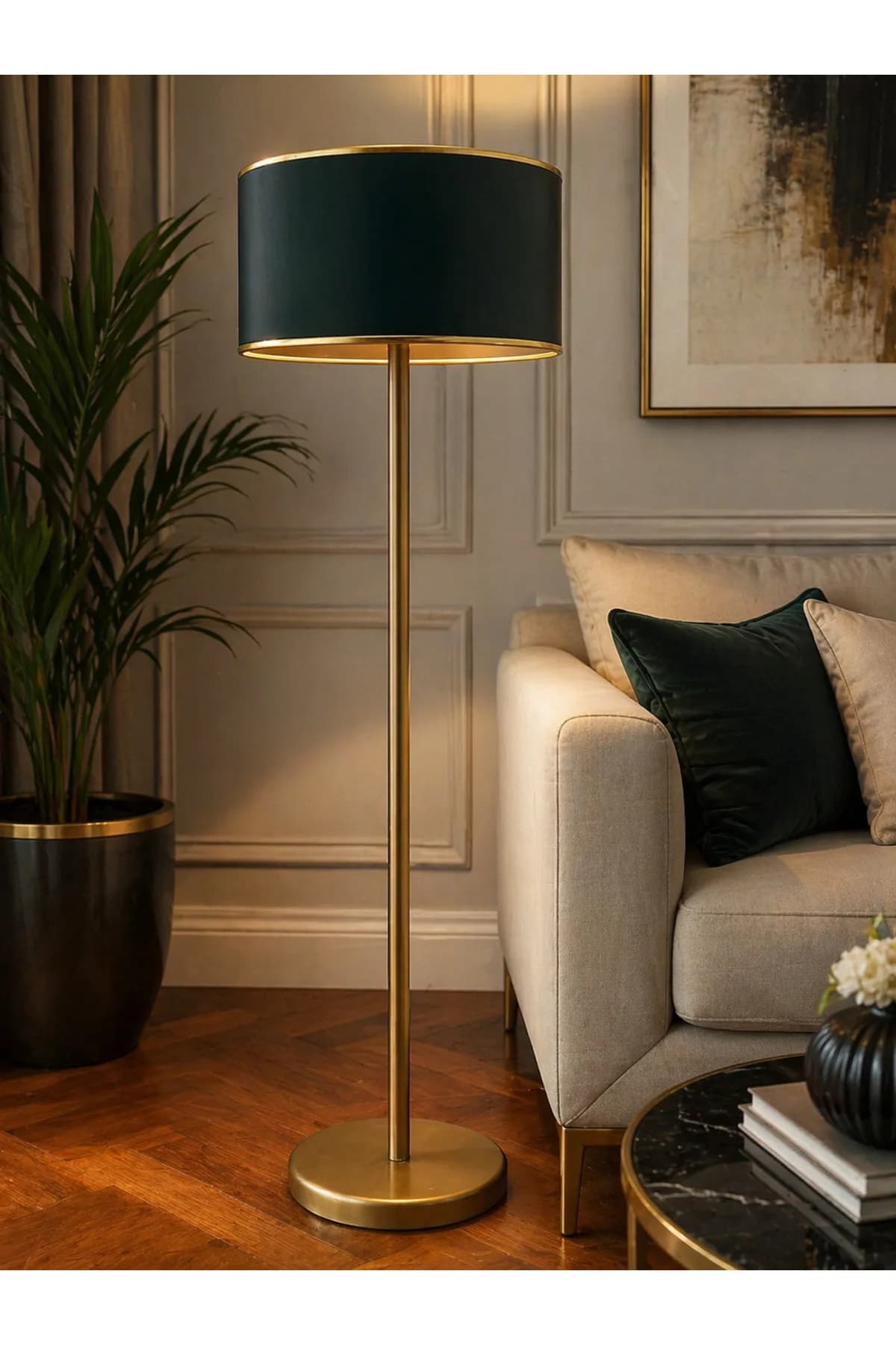 Haki Yeşil Renkli Gold Detaylı Abajur Şapkalı Eskitme Lambader Salon Yatak Odası