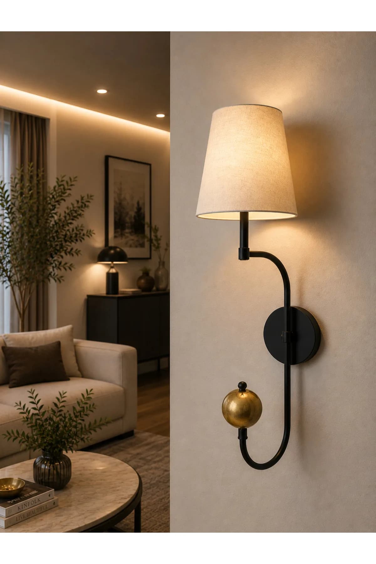 Liva Model Top Detaylı Siyah Pilli Tak Çalıştır Krem Konik Abajur Salon Yatak Odası Şık Proje