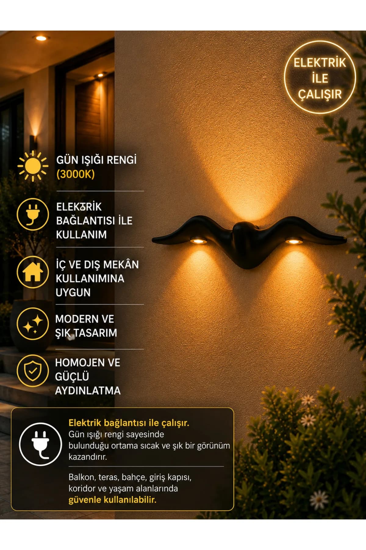 Yarasa Model Elektrikli Aplik Salon Yatak Odası Bahçe Tablo Aplik Şık