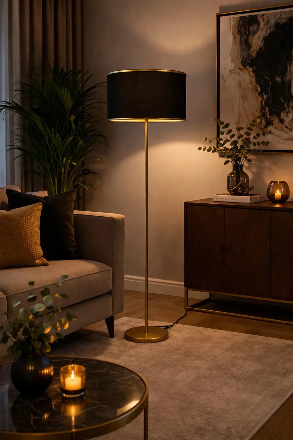 Eskitme Model Silindir Gold Detaylı Siyah Kumaş Şapkalı Lambader Dekoratif Yatak Odası Salon