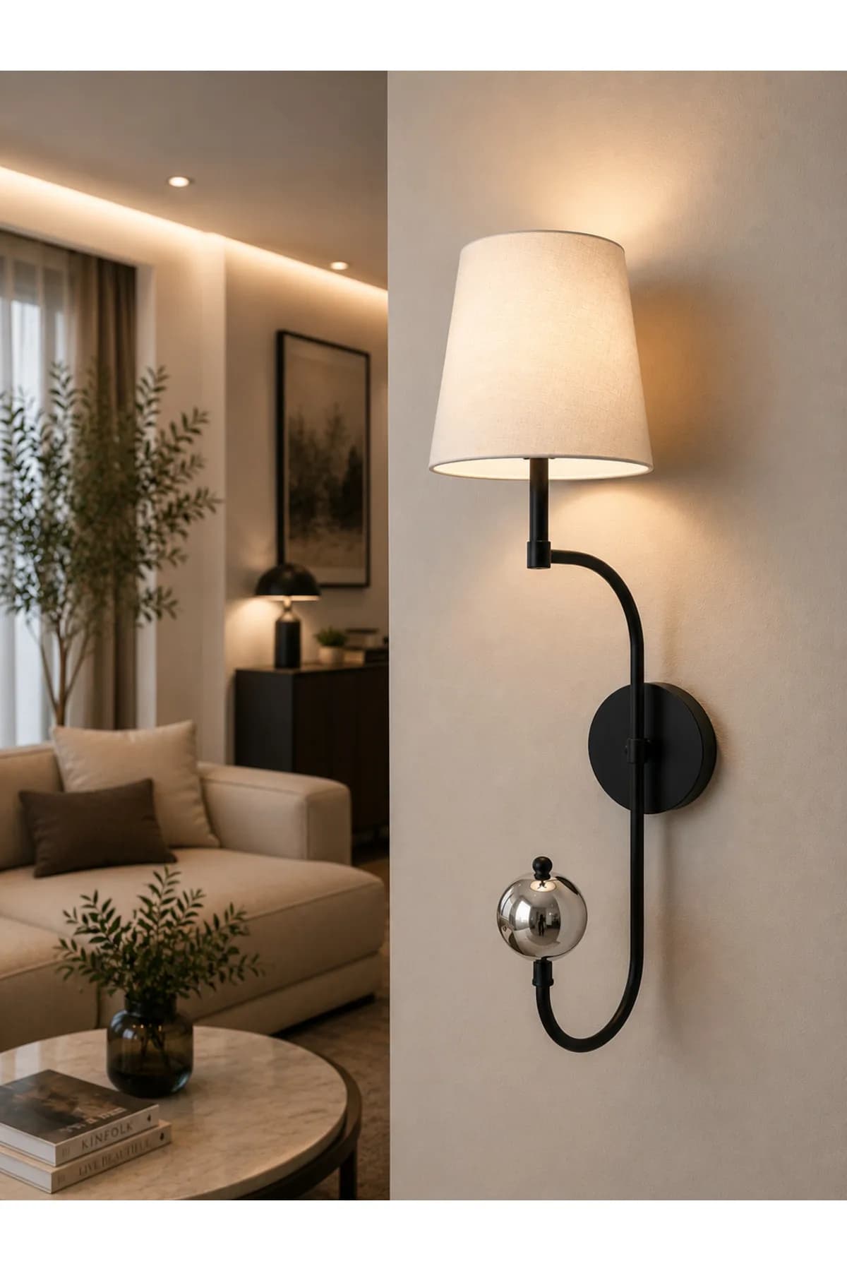 Liva Model Top Detaylı Siyah Pilli Tak Çalıştır Krem Konik Abajur Salon Yatak Odası Şık Proje